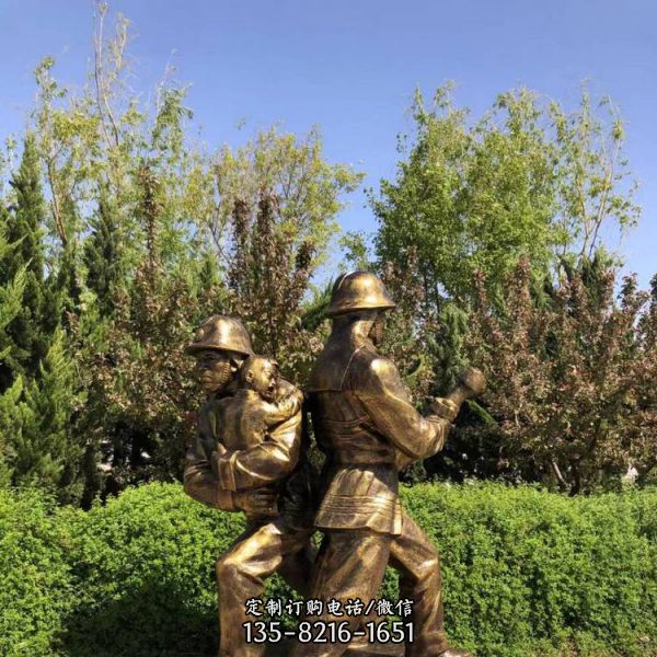 玻璃鋼仿銅消防員救火人物公園擺件（2）