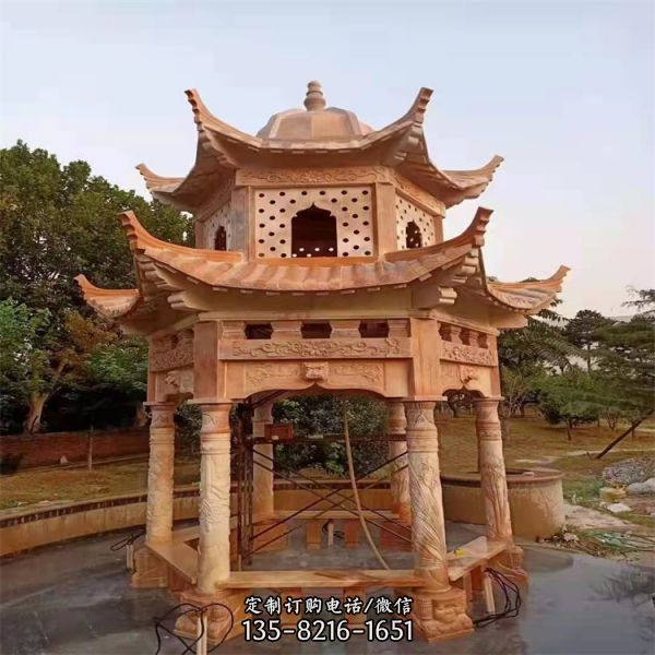 晚霞紅石雕單雙層園林景觀涼亭（2）