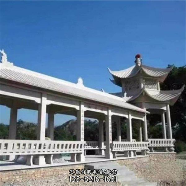 景點(diǎn)大理石雕刻中式二層頂涼亭長(zhǎng)廊靠背石凳