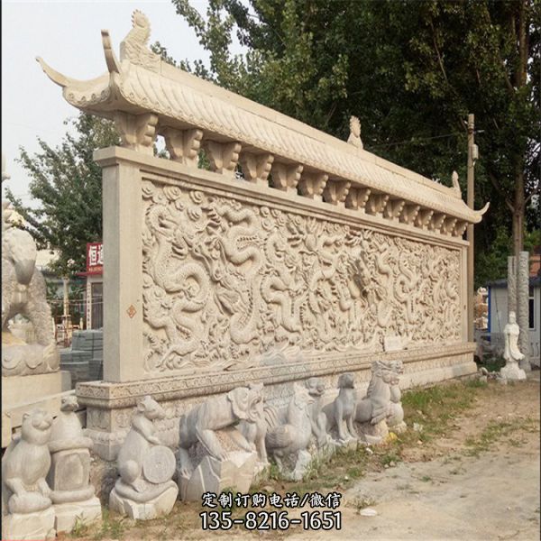 芝麻白仿古做舊浮雕九龍壁影門口擺件（1）