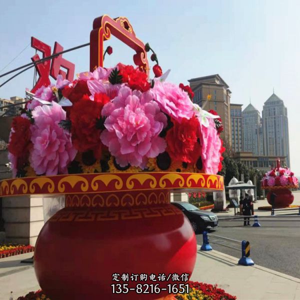 城市廣場大型玻璃鋼彩繪國慶大花籃雕塑