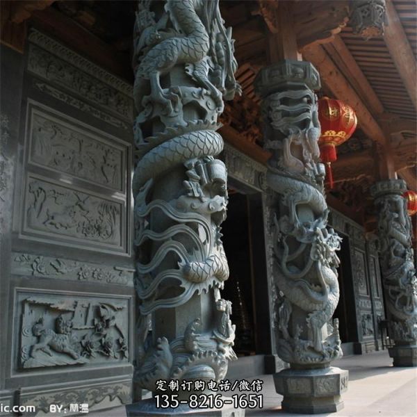 寺廟裝飾青石龍柱一對 華表柱（4）