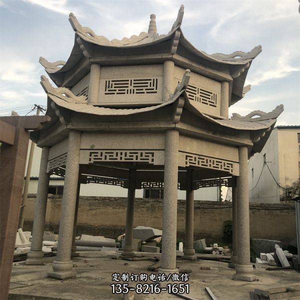 晚霞紅大理石石雕戶外園林雙層涼亭雕塑