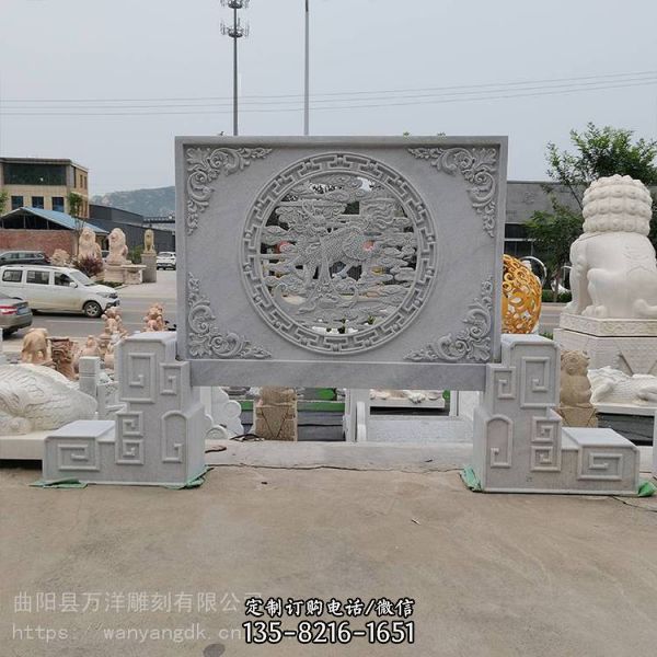 現(xiàn)代中式庭院別墅裝飾大理石石雕鏤空麒麟浮雕照壁（1）