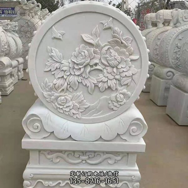 大理石浮雕花開富貴抱鼓石庭院擺件