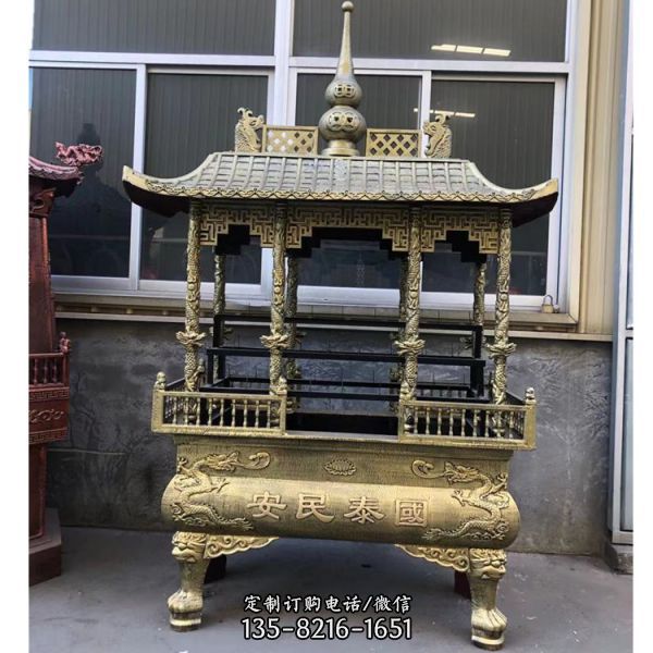 雙層寺廟銅香爐雕塑 三耳三足仿古式銅香爐（5）