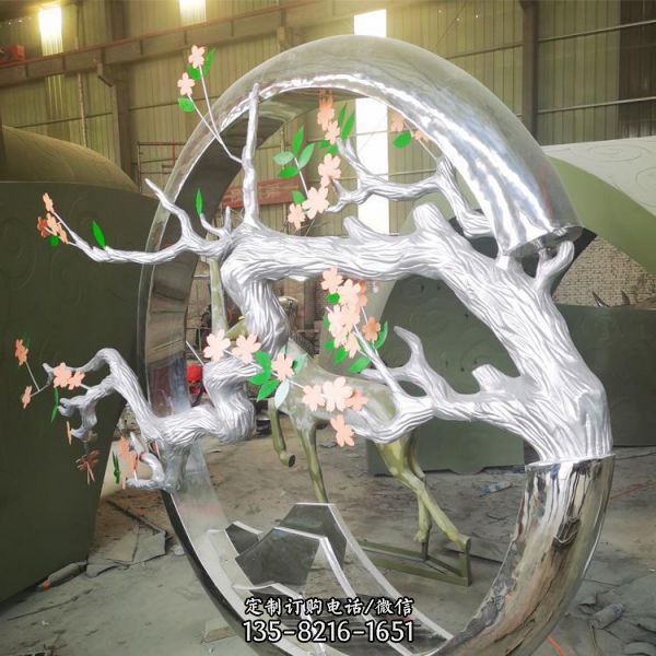 酒店會所水景不銹鋼創(chuàng)意樹枝圓環(huán)雕塑