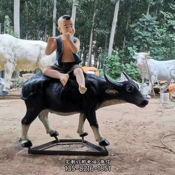 景區(qū)園林擺放玻璃鋼噴漆牧童騎水牛景觀小品雕塑