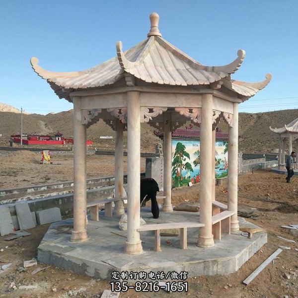 單層石涼亭 六角盤龍柱石雕涼亭雕塑（3）