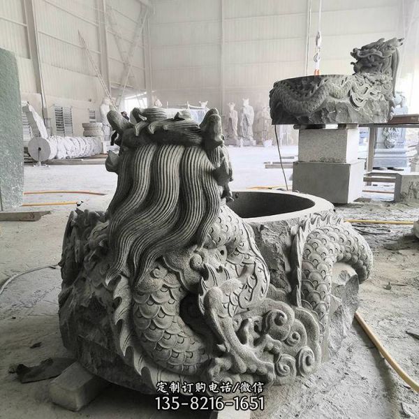 青石龍形浮雕水缸魚缸雕塑（5）