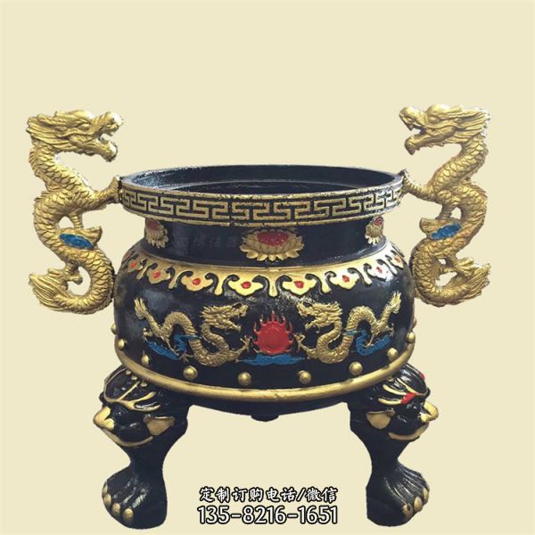 寺廟圓形平口三足鼎銅香爐擺件（1）