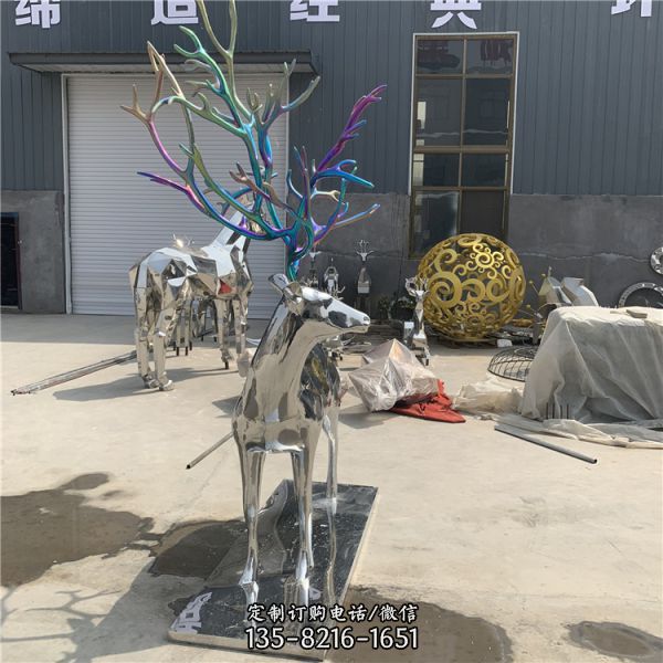 城市廣場不銹鋼抽象鏡面鹿動物雕塑（2）