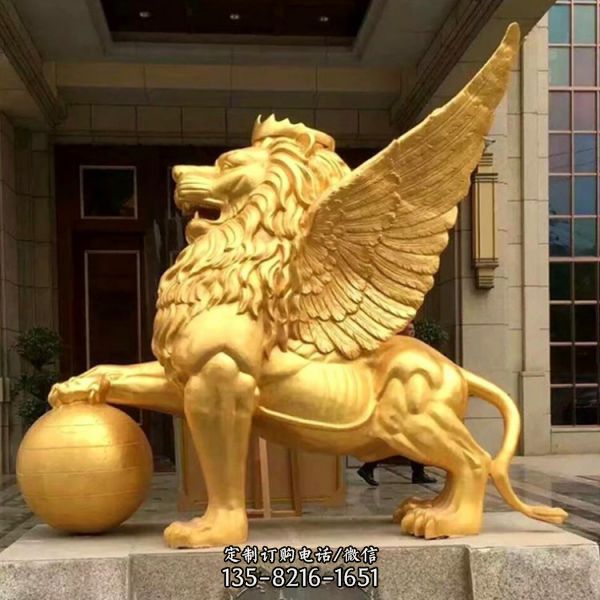 酒店大型銅雕噴金動物景觀飛獅雕塑（1）