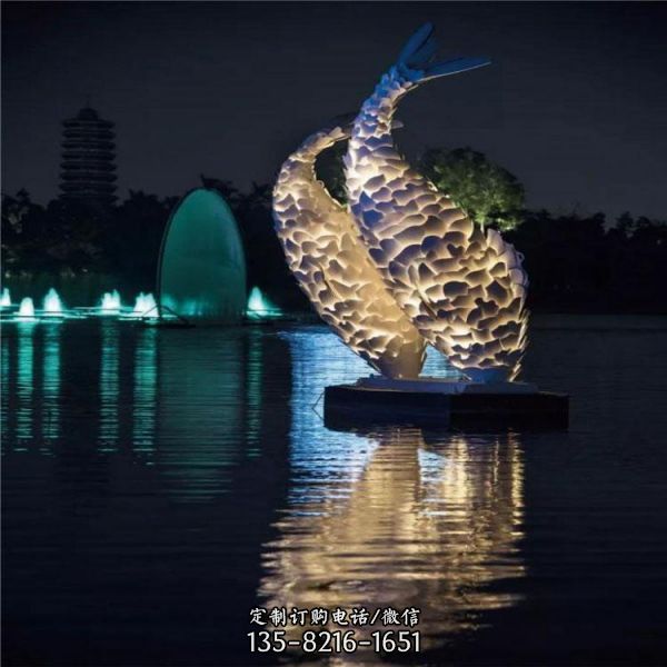 不銹鋼魚雕塑水池景觀發(fā)光雕塑海豚雕塑鏤空動物擺件（3）