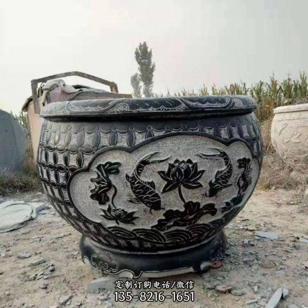 庭院青石做舊浮雕荷花花紋養(yǎng)魚(yú)水缸花盆（3）