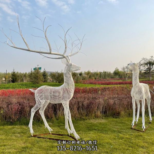 戶外公園大型不銹鋼發光照明鏤空梅花鹿雕塑
