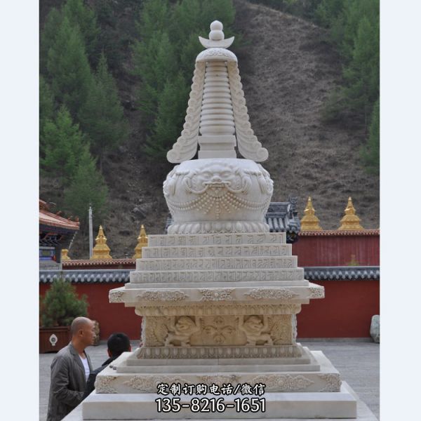 景點寺院戶外擺放漢白玉雕刻佛塔雕塑（3）