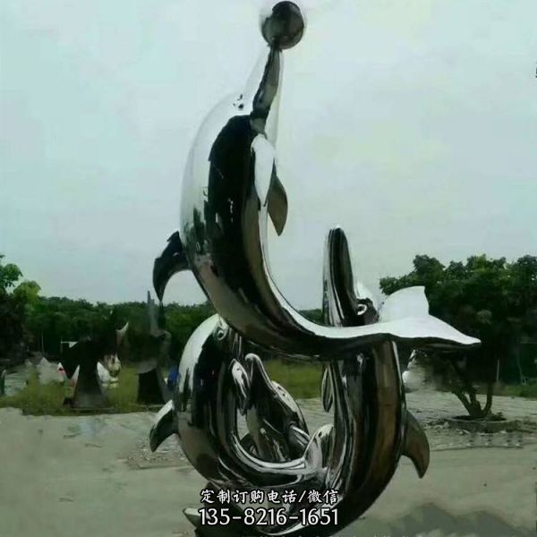 廣場創意不銹鋼鏡面鏤空大型海豚雕塑（3）