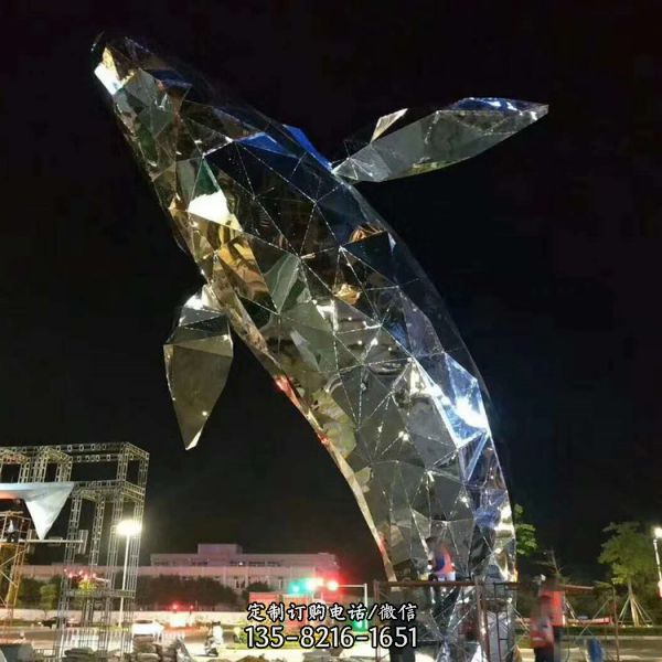廣場大型不銹鋼鏡面 鏤空夜晚照明海豚雕塑（2）