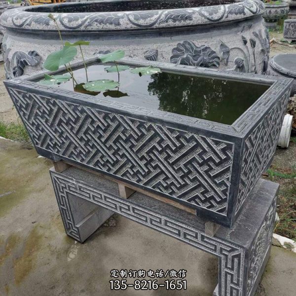 別墅仿古圓形養(yǎng)魚石缸 中式石雕花盆 雕塑（5）