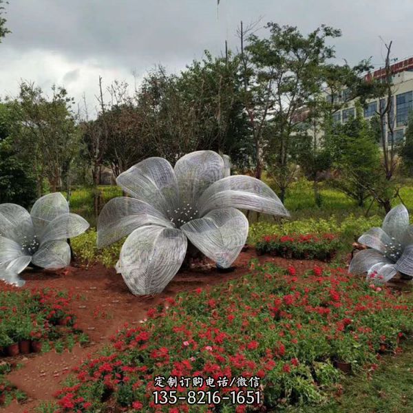 小區公園擺放不銹鋼蓮花植物花朵雕塑（4）