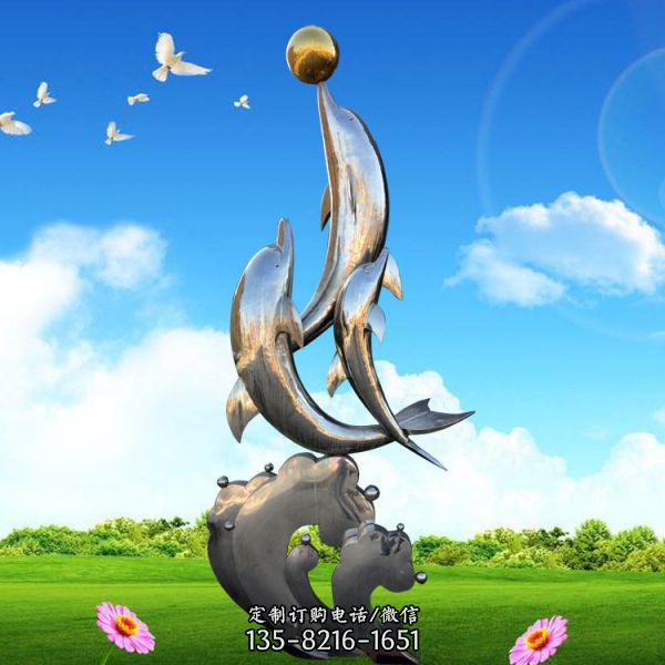 不銹鋼鏡面水景擺件海豚雕塑