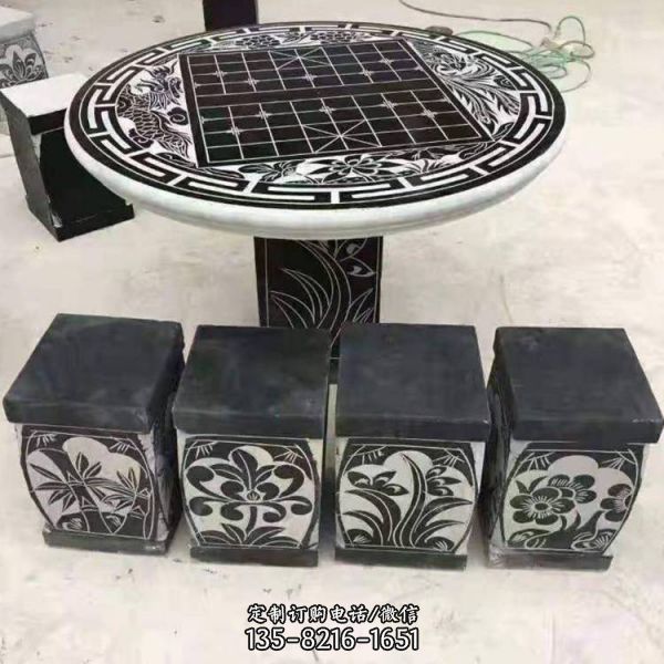 大理石庭院花園棋盤桌 花崗巖休閑石桌石凳雕塑
