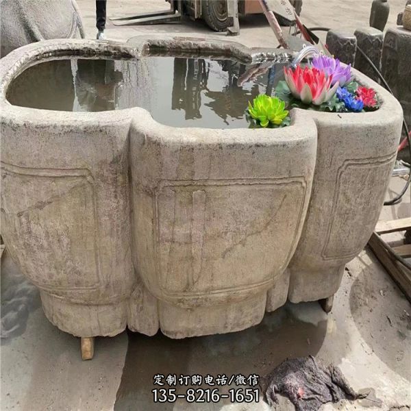 大理石石雕魚缸 民間石材雕刻圓形石缸雕塑（2）