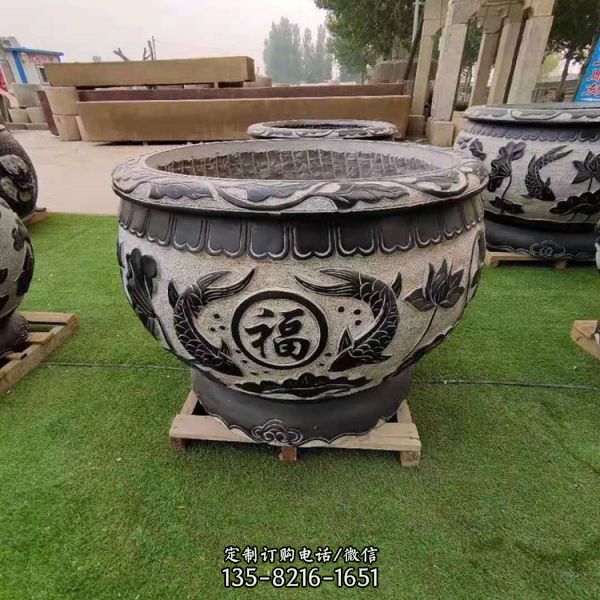 庭院青石石雕浮雕雙魚仿古缸雕塑（3）