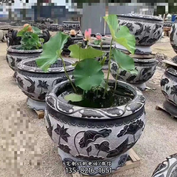 庭院青石石雕浮雕雙魚仿古缸雕塑（2）