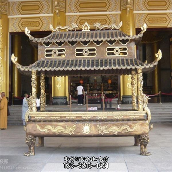 景區(qū)寺院戶外擺放雙層頂銅香爐雕塑（2）
