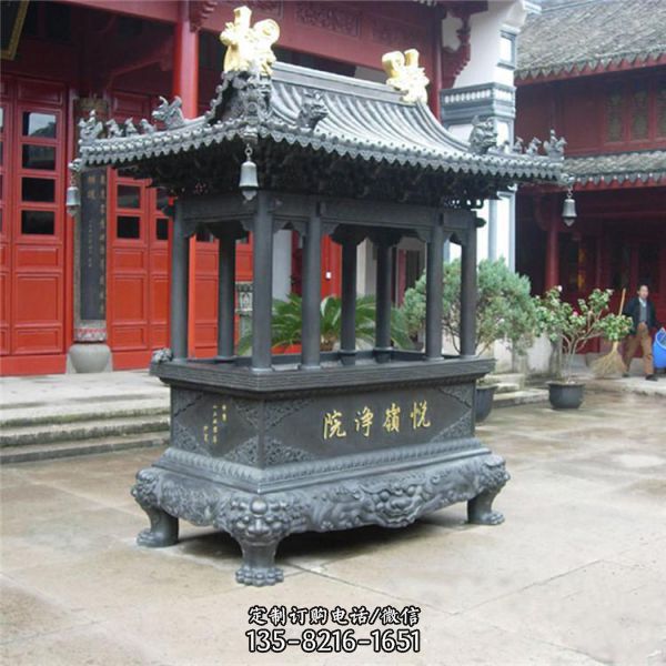 景區(qū)寺院戶外擺放雙層頂銅香爐雕塑（5）