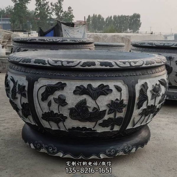 石雕魚缸花盆 仿古青石圓缸招財養魚庭院戶外流水缸雕塑