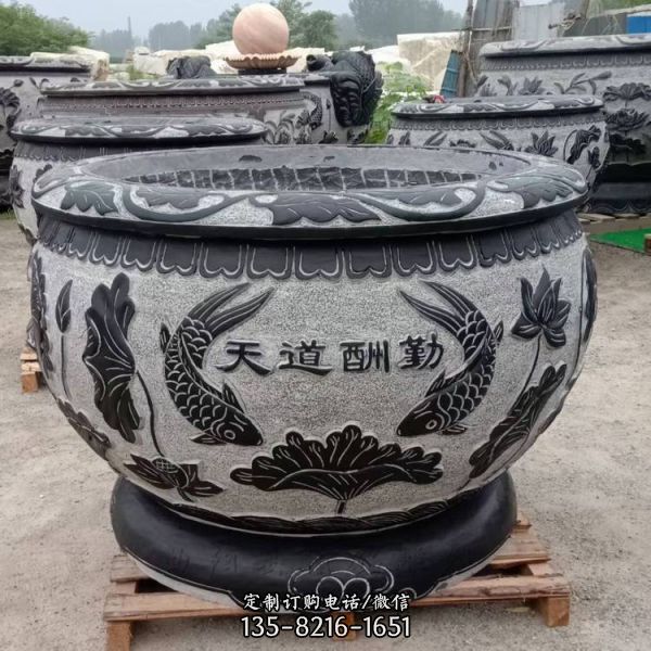仿古青石圓缸招財養魚庭院戶外流水缸雕塑（4）