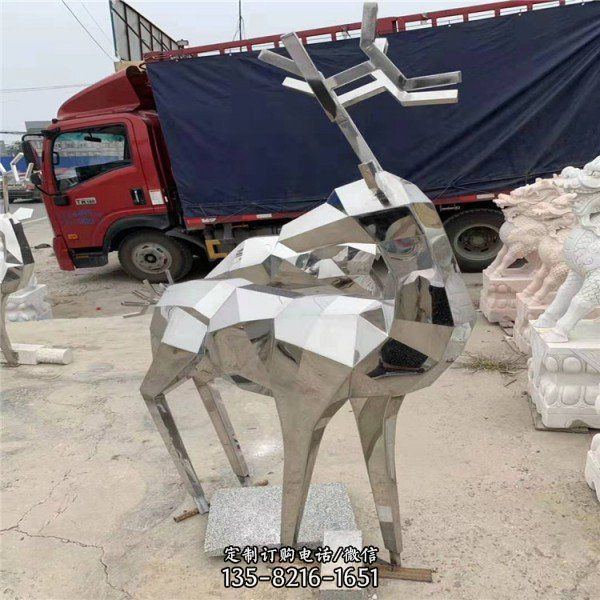 鏡面不銹鋼戶外幾何抽象鹿雕塑（3）