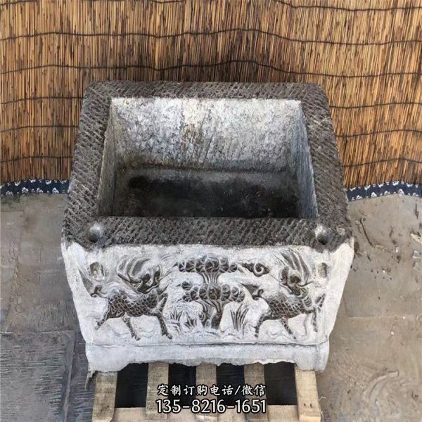 庭院中式仿古浮雕青石老石槽流水造景擺件（2）