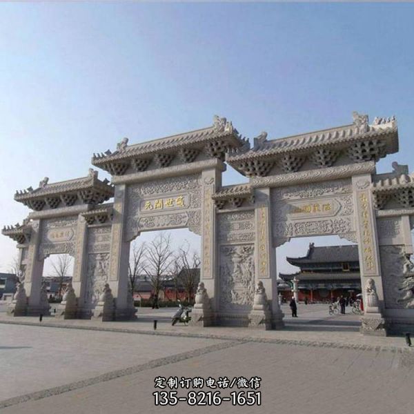 景區(qū)寺院入口裝飾漢白玉浮雕新中式三門(mén)樓石牌坊