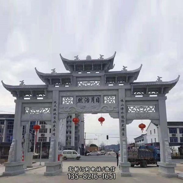 城市街道裝飾仿古建筑青石浮雕三門五樓牌坊