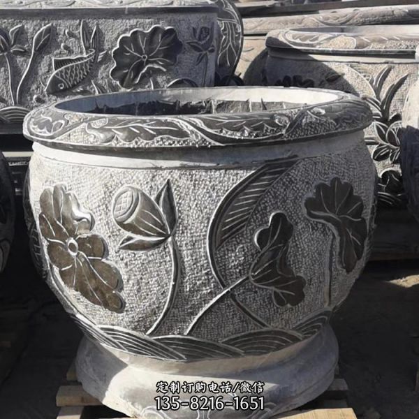 青石復(fù)古雕刻荷花中式別墅園林魚缸雕塑