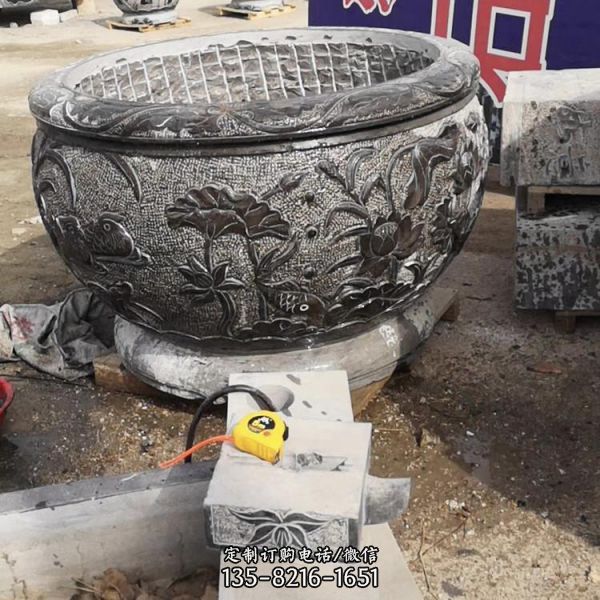 大理石水缸戶外庭院擺件 浮雕荷花魚缸雕塑