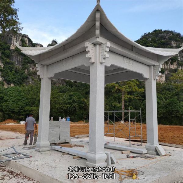 公園石雕晚霞紅石雕六角涼亭雕塑（1）