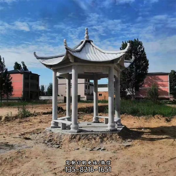公園石雕晚霞紅石雕六角涼亭雕塑（2）