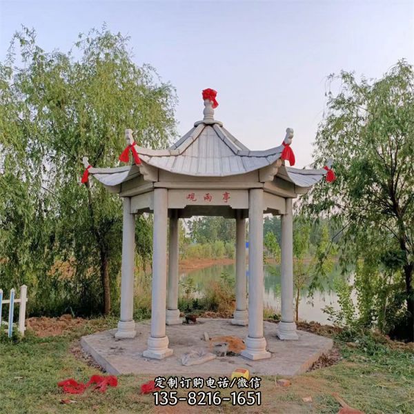 公園石雕晚霞紅石雕六角涼亭雕塑（4）