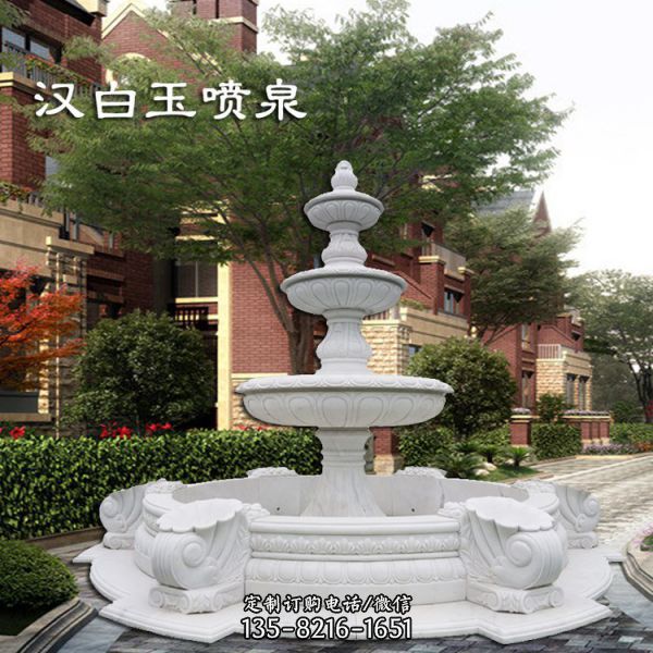 漢白玉三層歐式流水噴泉擺件別墅園林景觀雕塑