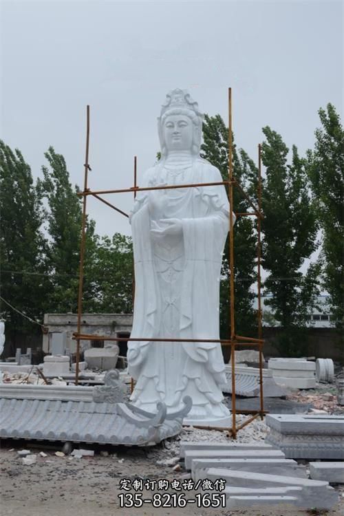 寺廟戶外擺放大型漢白玉雕刻觀音站立雕像