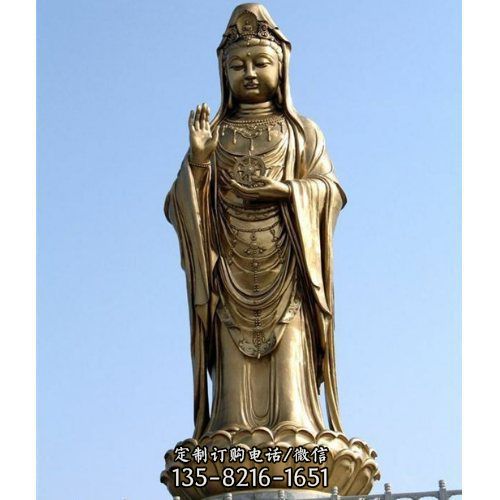 戶外寺廟型不銹鋼噴金彩繪滴水觀音雕塑（1）