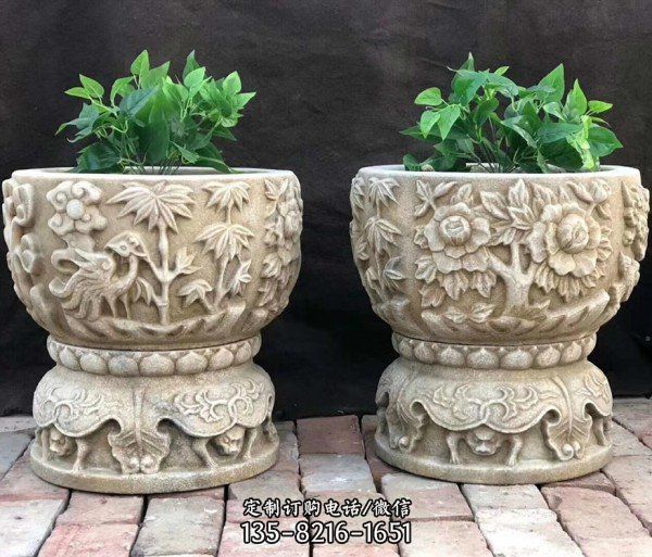 仿古做舊石材花缽石材花盆雕塑（1）