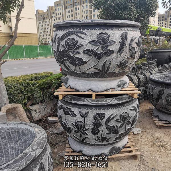庭院中式青石仿古浮雕荷花魚缸擺件（1）