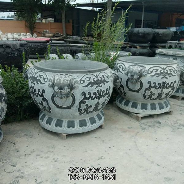 庭院中式青石仿古浮雕荷花魚缸擺件（2）