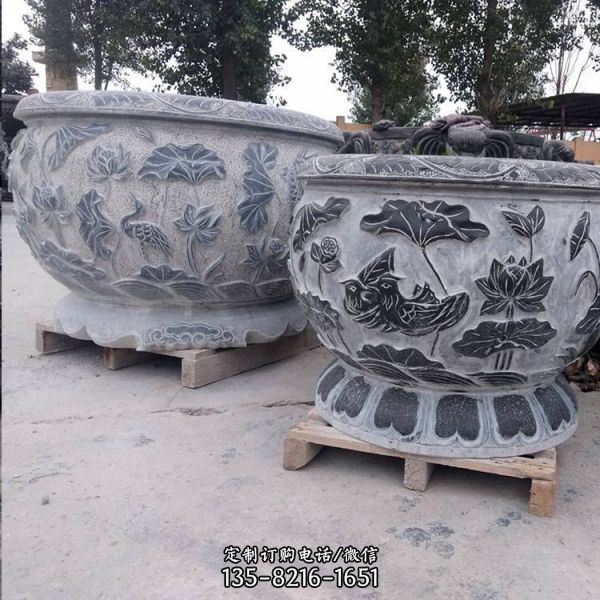 庭院中式青石仿古浮雕荷花魚缸擺件（5）